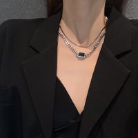 Double-layer Titanium Steel Hip-hop Necklace Geometric Black Crystal Short Necklace sku image 1