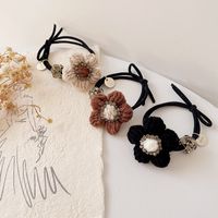 New Retro Milk Coffee Color Diamond-studded Wool Flower Simple Rubber Band Head Rope Hair Accessories main image 2
