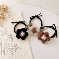 New Retro Milk Coffee Color Diamond-studded Wool Flower Simple Rubber Band Head Rope Hair Accessories main image 3
