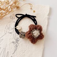 New Retro Milk Coffee Color Diamond-studded Wool Flower Simple Rubber Band Head Rope Hair Accessories main image 4