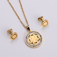 Korean Glossy Stainless Steel Hollow Flower Necklace Earrings Set Wholesale sku image 1