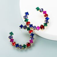 Fashion Geometric Alloy Diamond Colored Glass Diamond C-shaped Earrings main image 6