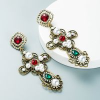 European And American Popular New Hollow Alloy Rhinestone-studded Large Cross Pearl Retro Earrings Accessories main image 1