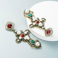 European And American Popular New Hollow Alloy Rhinestone-studded Large Cross Pearl Retro Earrings Accessories main image 3