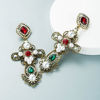 European And American Popular New Hollow Alloy Rhinestone-studded Large Cross Pearl Retro Earrings Accessories main image 5