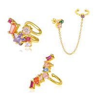 Cross-border Source Inlaid Colorful Zircon Irregular Geometric Copper Ear Clip Earrings 18k Gold Tassel Chain Earrings main image 2