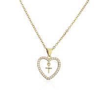 Fashion Copper Micro-inlaid Zircon Jewelry New Gold Heart Cross Pendant Necklace sku image 1