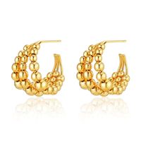 Retro Style Copper Plated 18k Real Gold C-shaped Earrings Three Rows Of Metal Ball Beaded Earrings sku image 1