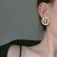 New Round Metal Buttons Checkerboard Leather Retro Simple Fashion Earrings Women Wholesale sku image 1