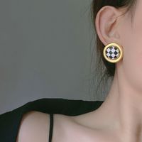 New Round Metal Buttons Checkerboard Leather Retro Simple Fashion Earrings Women Wholesale sku image 2