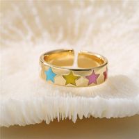 Aogu Cross-border Supply Ins Internet Celebrity Same Copper Plated Gold Rainbow Color Drop Oil Five-pointed Star Open Ring For Women main image 3