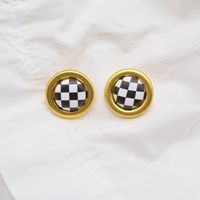 New Round Metal Buttons Checkerboard Leather Retro Simple Fashion Earrings Women Wholesale main image 3