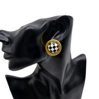 New Round Metal Buttons Checkerboard Leather Retro Simple Fashion Earrings Women Wholesale main image 4