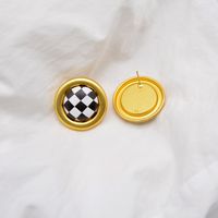 New Round Metal Buttons Checkerboard Leather Retro Simple Fashion Earrings Women Wholesale main image 5