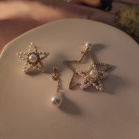 Korean New Flashing Diamond Five-pointed Star Pearl Exaggerated Asymmetric Earrings main image 1