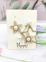 Korean New Flashing Diamond Five-pointed Star Pearl Exaggerated Asymmetric Earrings main image 4