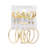 New Retro Pearl Inlaid Ladies Earrings 9-piece Set Golden Geometric Butterfly Earrings main image 6