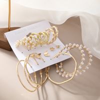 New Retro Pearl Inlaid Ladies Earrings 9-piece Set Golden Geometric Butterfly Earrings main image 5