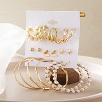 New Retro Pearl Inlaid Ladies Earrings 9-piece Set Golden Geometric Butterfly Earrings main image 4
