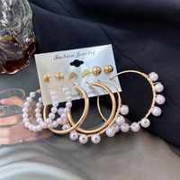 New Retro Geometric Pearl Earrings Set 6-piece Creative Five-pointed Star Moon Earrings main image 4
