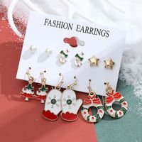 New Christmas Snowman Cane Earrings Set Cartoon Dripping Elk Wreath Earrings sku image 3