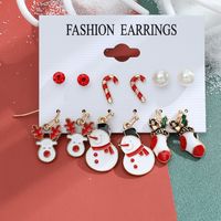 New Christmas Snowman Cane Earrings Set Cartoon Dripping Elk Wreath Earrings sku image 4