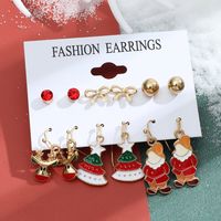 New Christmas Snowman Cane Earrings Set Cartoon Dripping Elk Wreath Earrings sku image 6
