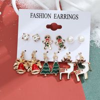 New Christmas Snowman Cane Earrings Set Cartoon Dripping Elk Wreath Earrings sku image 7