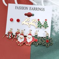 New Christmas Snowman Cane Earrings Set Cartoon Dripping Elk Wreath Earrings sku image 13