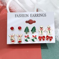 New Christmas Snowman Cane Earrings Set Cartoon Dripping Elk Wreath Earrings sku image 15