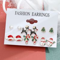 New Christmas Snowman Cane Earrings Set Cartoon Dripping Elk Wreath Earrings sku image 16