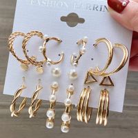 New Retro Pearl Inlaid Ladies Earrings 9-piece Set Golden Geometric Butterfly Earrings sku image 8