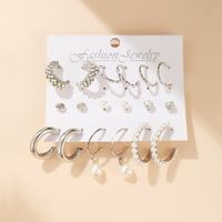 New Retro Pearl Inlaid Ladies Earrings 9-piece Set Golden Geometric Butterfly Earrings sku image 6