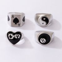 Hip Hop Heart Dripping Oil Ring Four-piece Black And White Tai Chi Ring Combination Set sku image 1