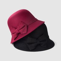 Autumn And Winter New Bow Top Hat Woolen Bowl Hat Pure Color Short Brim Hat main image 3