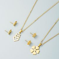 Fashion Titanium Steel Geometric Heart-shaped Flower Pendant Necklace Earrings Set main image 3