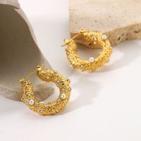 Fashion Pearl Hoop Earrings 18k Gold Stainless Steel Jewelry Hammer Cubic Zirconia Earrings main image 2