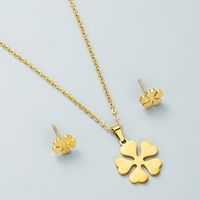 Fashion Titanium Steel Geometric Heart-shaped Flower Pendant Necklace Earrings Set sku image 2
