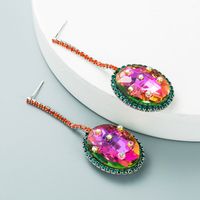 Luxury Illusion Oval Crystal Long Pendant Earrings Shiny Full Rhinestone Earrings sku image 1