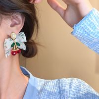 Retro Crystal Pearl Fabric Bow Cherry Earrings European And American Earrings main image 3