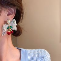 Retro Crystal Pearl Fabric Bow Cherry Earrings European And American Earrings main image 4