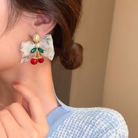 Retro Crystal Pearl Fabric Bow Cherry Earrings European And American Earrings main image 5
