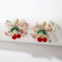 Retro Crystal Pearl Fabric Bow Cherry Earrings European And American Earrings sku image 3