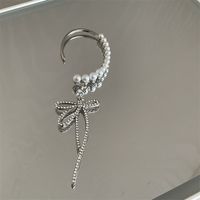 Pearl Bow Asymmetrical Personality Earrings High-end Flash Diamond Ear Clip sku image 1