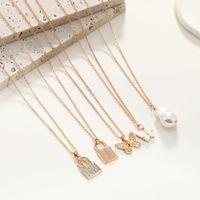 Simple Retro Multi-layer Pearl Butterfly Lock Pendant Necklace European And American New Fashion Graceful Personality Trend 5-piece Set main image 1