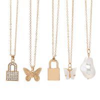Simple Retro Multi-layer Pearl Butterfly Lock Pendant Necklace European And American New Fashion Graceful Personality Trend 5-piece Set main image 6