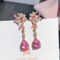 Flower Stud Earrings Stereo Rose Pink Drop-shaped Gemstone Crystal Long Earrings main image 2