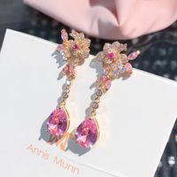 Flower Stud Earrings Stereo Rose Pink Drop-shaped Gemstone Crystal Long Earrings main image 3