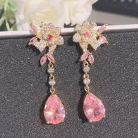 Flower Stud Earrings Stereo Rose Pink Drop-shaped Gemstone Crystal Long Earrings main image 4