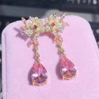 Flower Stud Earrings Stereo Rose Pink Drop-shaped Gemstone Crystal Long Earrings main image 5
